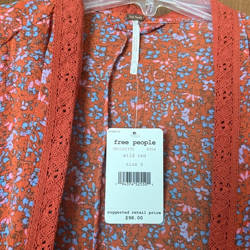 Free People Lola Wild Red Kimono Tassel Tie  Sz Small Relaxed Fit NWT Ret $98